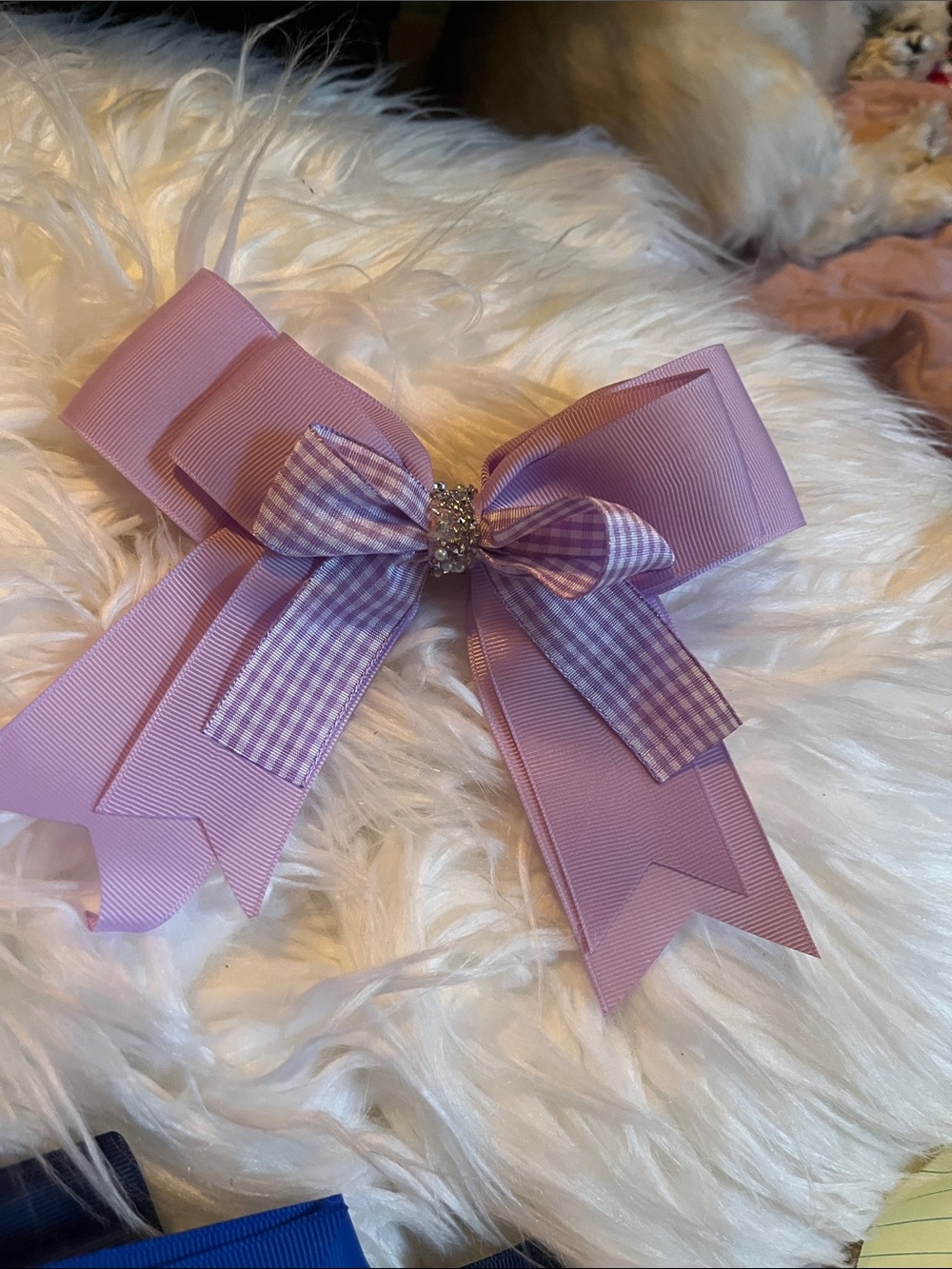 Lilac Ribbon Hair Bow with Gingham Accent